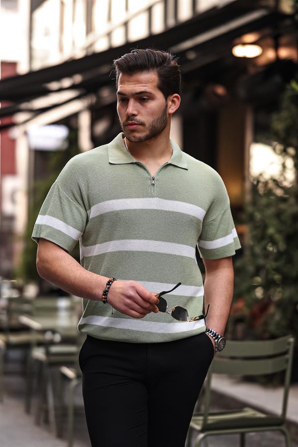 Yarım Fermuar Çizgili Oversize Triko T-Shirt - Justyol