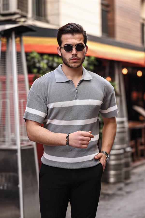 Yarım Fermuar Çizgili Oversize Triko T-Shirt - Justyol