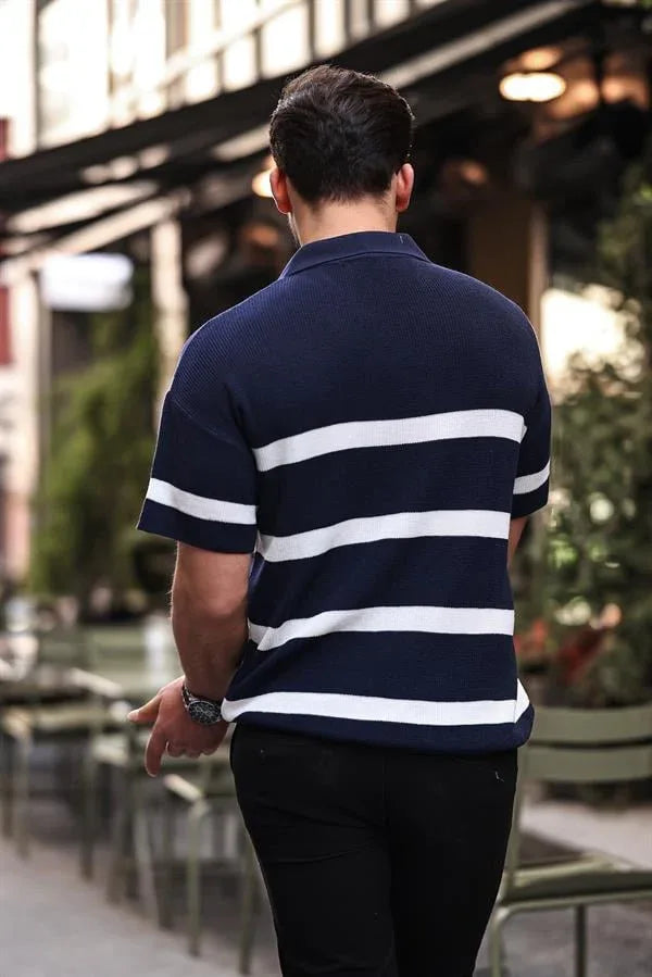 t‑shirt homme tricot oversize à demi‑zip rayé
