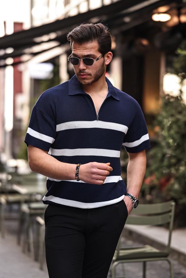 Yarım Fermuar Çizgili Oversize Triko T-Shirt - Justyol