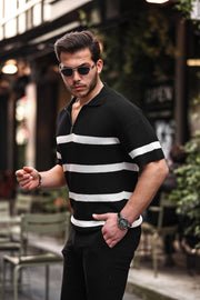 Yarım Fermuar Çizgili Oversize Triko T-Shirt - Justyol