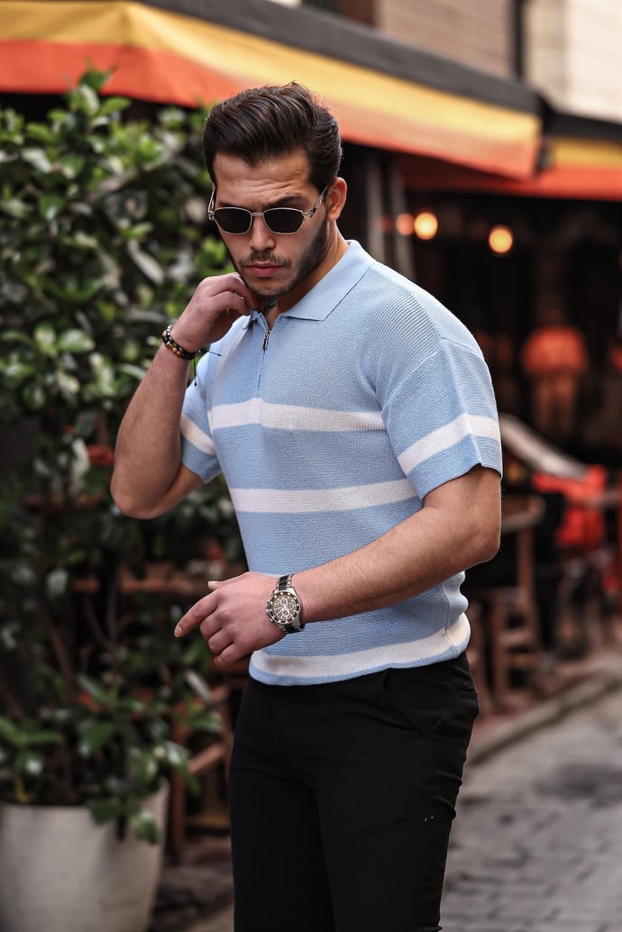 Yarım Fermuar Çizgili Oversize Triko T-Shirt - Justyol