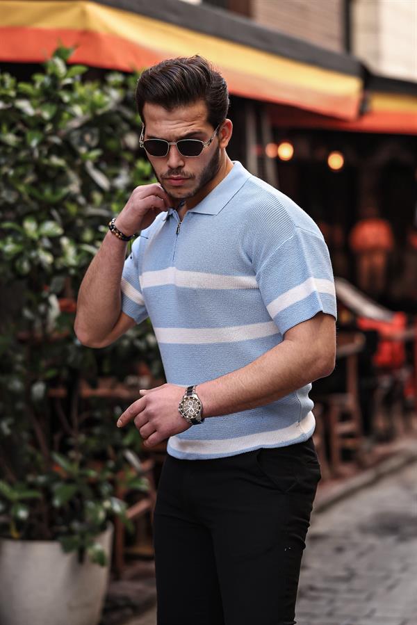 yarim fermuar çizgili oversize triko t-shirt - Justyol