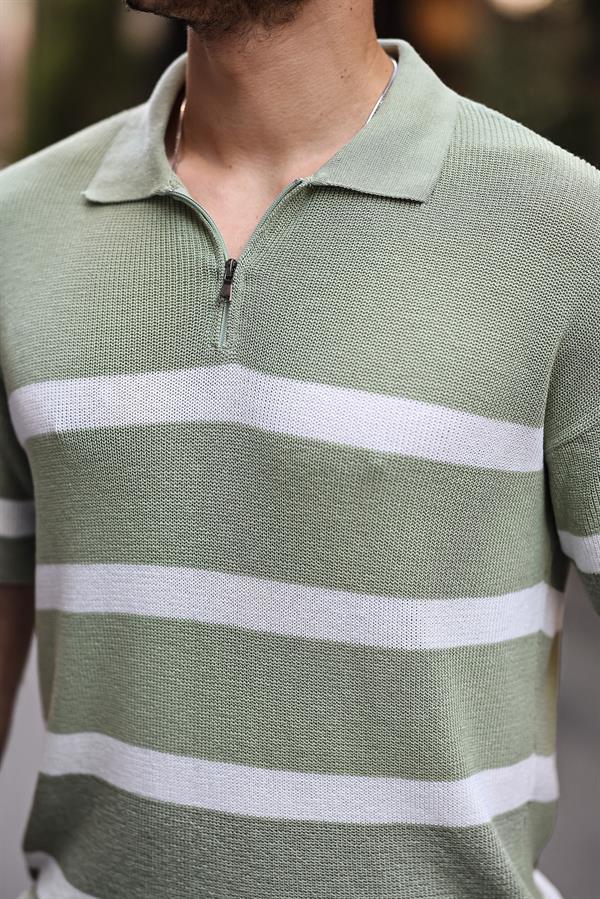 Yarım Fermuar Çizgili Oversize Triko T-Shirt - Justyol