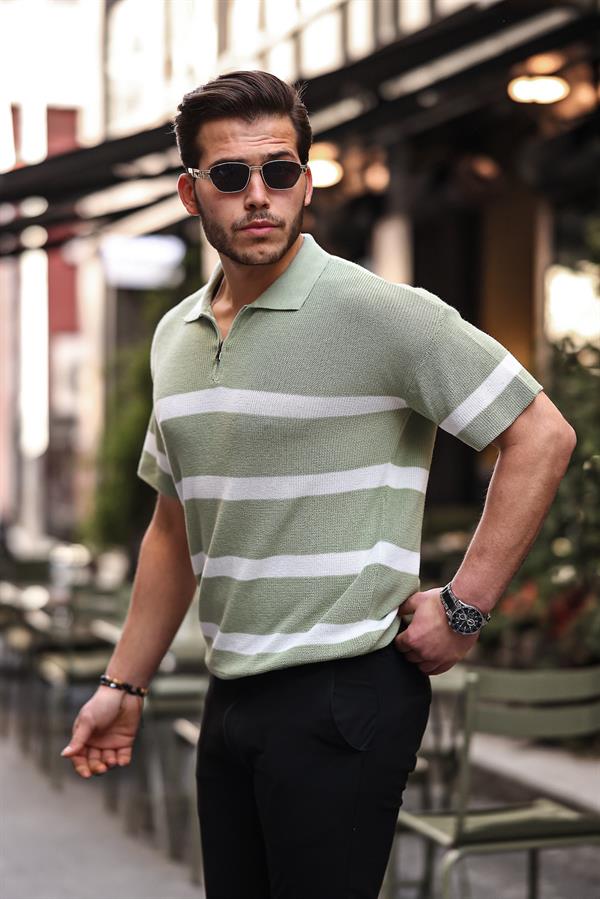 Yarım Fermuar Çizgili Oversize Triko T-Shirt - Justyol