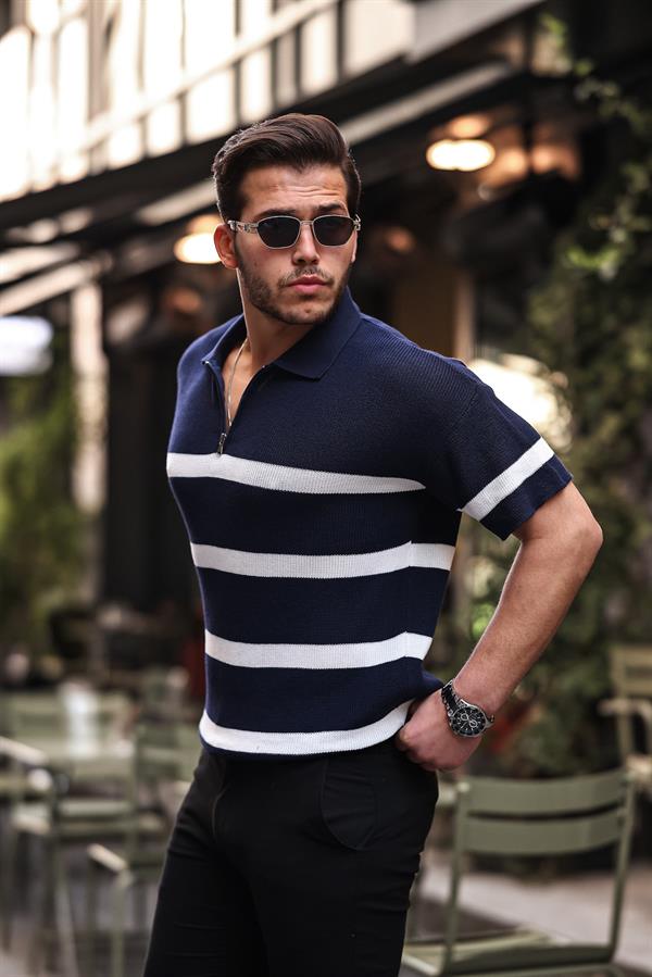 Yarım Fermuar Çizgili Oversize Triko T-Shirt - Justyol