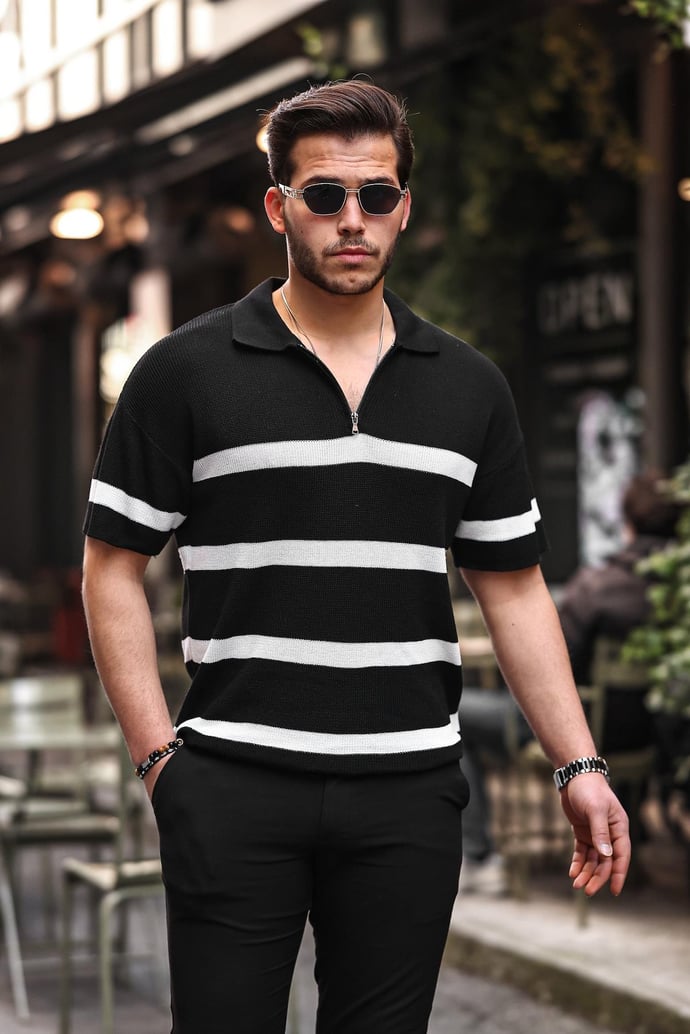 Yarım Fermuar Çizgili Oversize Triko T-Shirt - Justyol