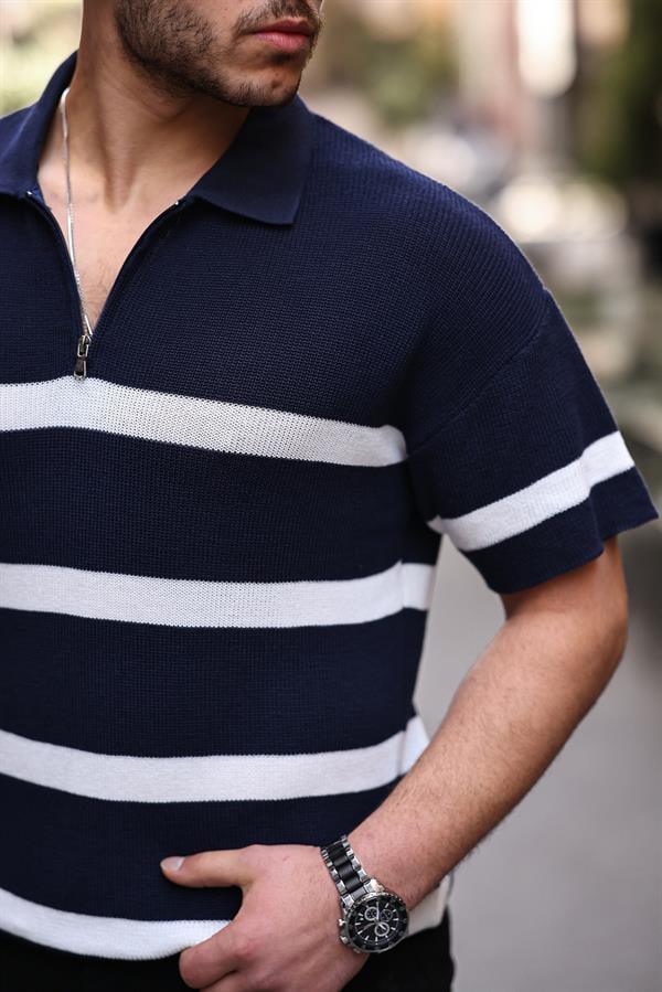 t‑shirt homme tricot oversize à demi‑zip rayé