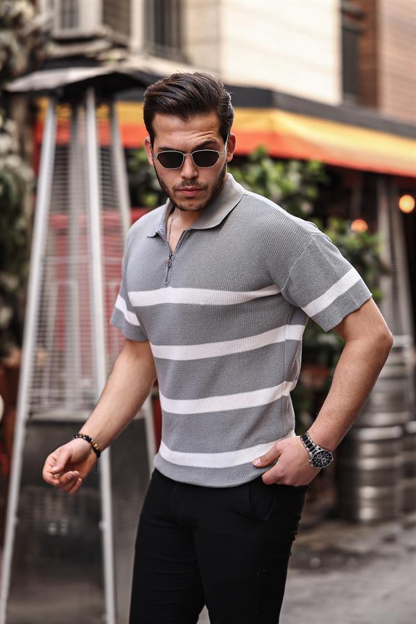 t‑shirt homme tricot oversize à demi‑zip rayé
