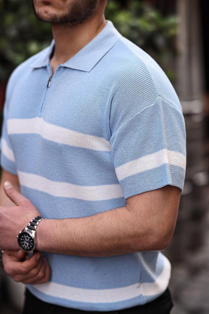 t‑shirt homme tricot oversize à demi‑zip rayé