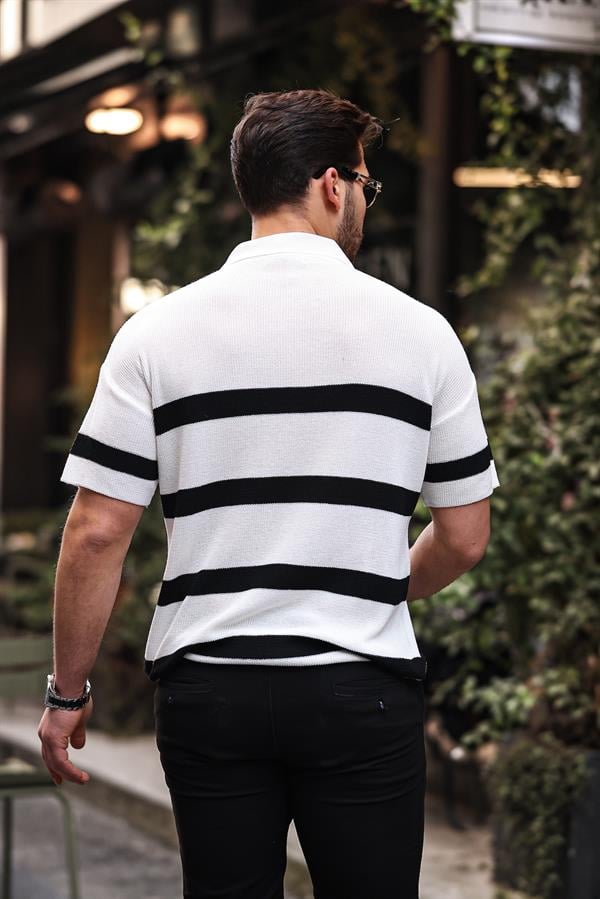 Yarım Fermuar Çizgili Oversize Triko T-Shirt - Justyol