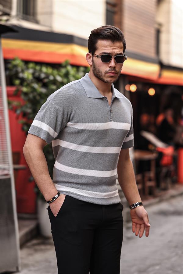 Yarım Fermuar Çizgili Oversize Triko T-Shirt - Justyol