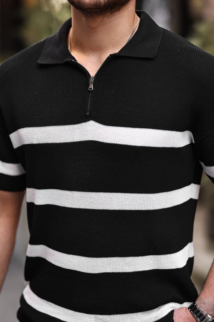 Yarım Fermuar Çizgili Oversize Triko T-Shirt - Justyol