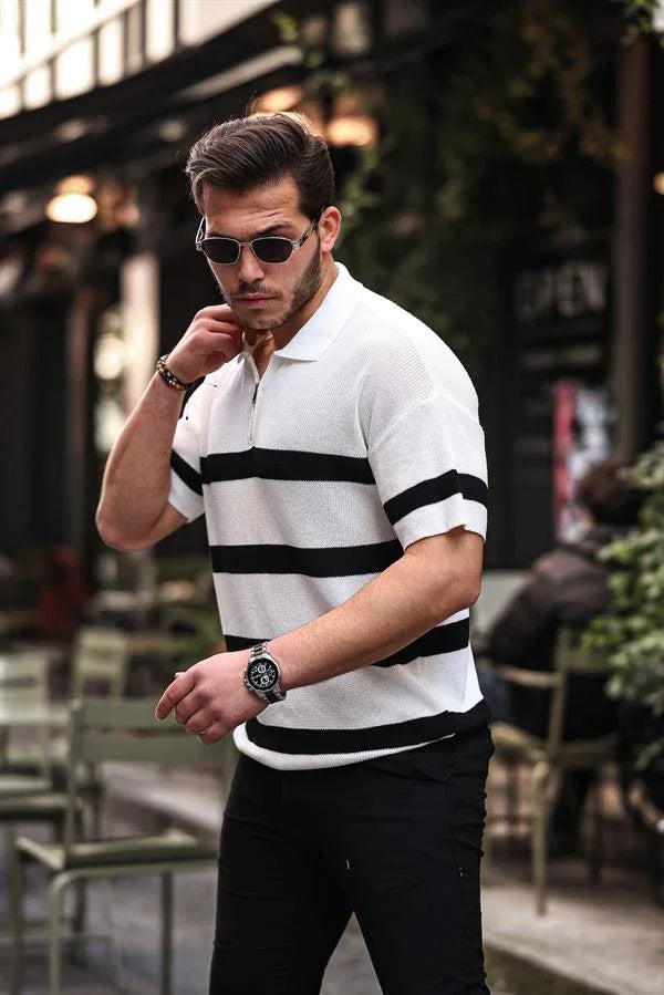 t‑shirt homme tricot oversize à demi‑zip rayé