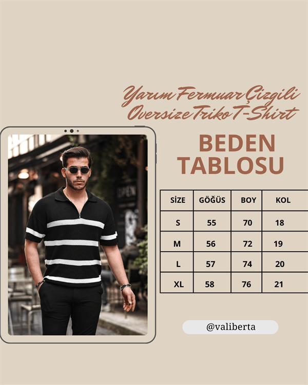 yarim fermuar çizgili oversize triko t - Justyol