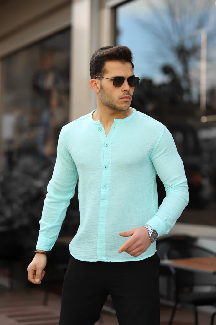 Yarım Pat Hakim Yaka Oversize Müslin Kumaş Gömle indigo - Justyol