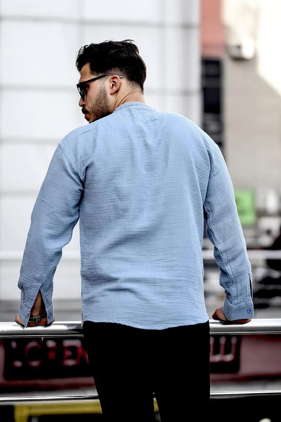 hafif ve nefes alabilir erkek müslin yarim pat hakim yaka oversize gömlek - Justyol