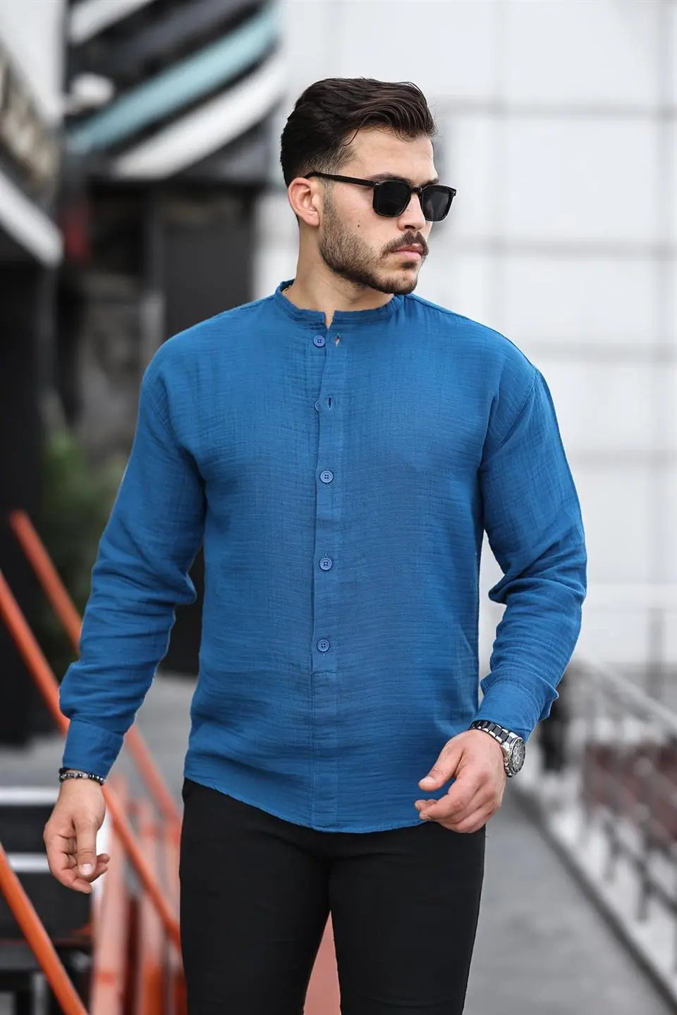 hafif ve nefes alabilir erkek müslin yarim pat hakim yaka oversize gömlek - Justyol