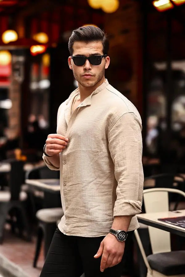 Chemise homme oversize en mousseline col mao demi-patte