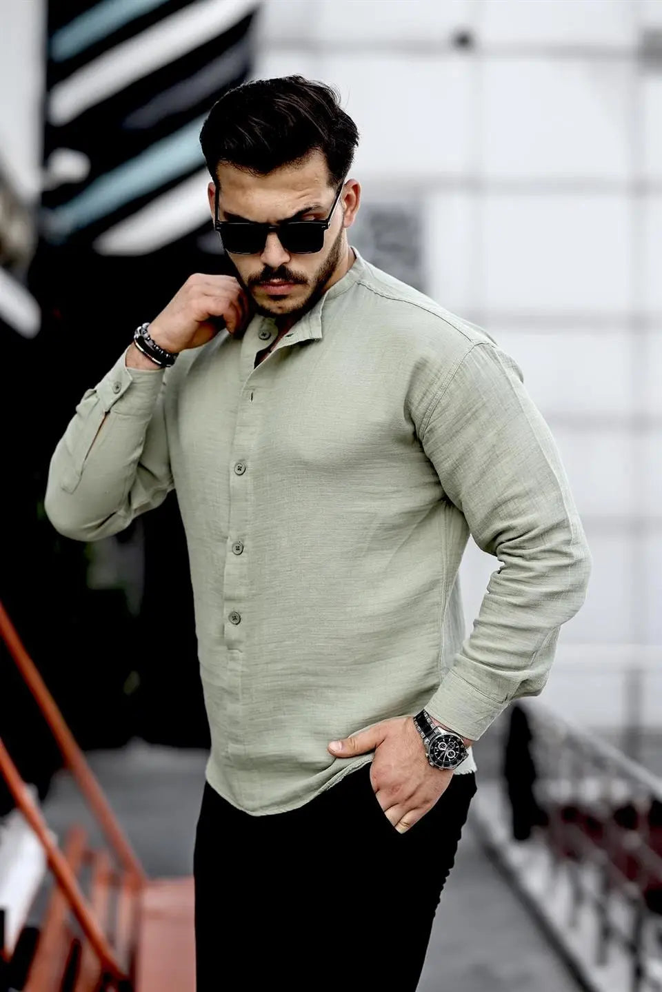 hafif ve nefes alabilir erkek müslin yarim pat hakim yaka oversize gömlek - Justyol
