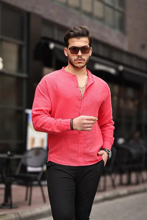 Chemise homme oversize en mousseline col mao demi-patte