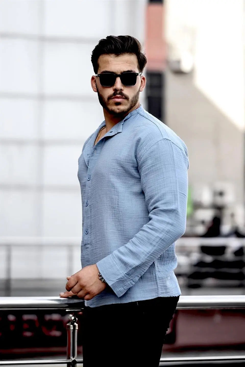 hafif ve nefes alabilir erkek müslin yarim pat hakim yaka oversize gömlek - Justyol