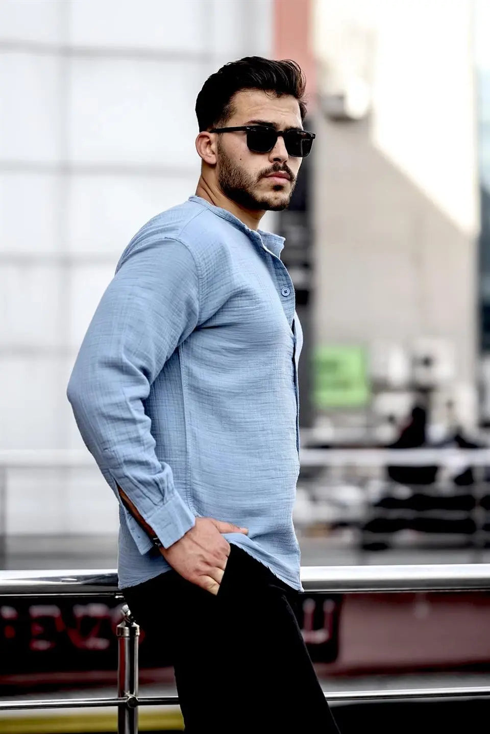 hafif ve nefes alabilir erkek müslin yarim pat hakim yaka oversize gömlek - Justyol