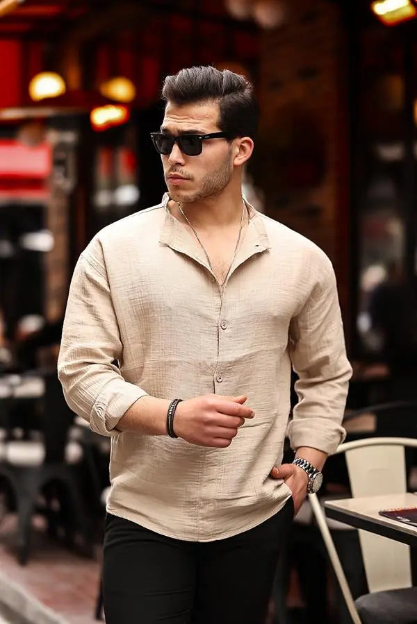 Chemise homme oversize en mousseline col mao demi-patte