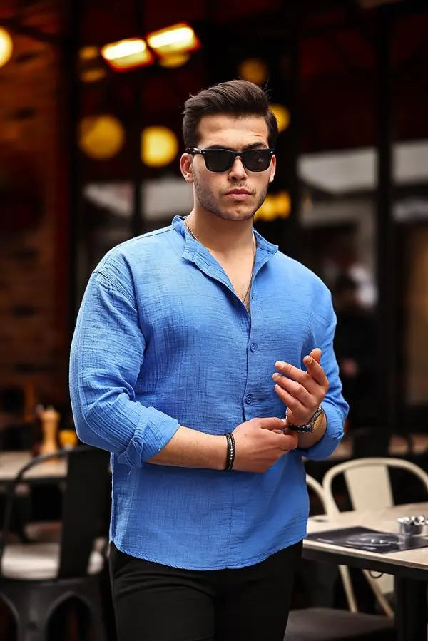 Chemise en muslin oversize à col mandarin à demi - boutonnage - Justyol