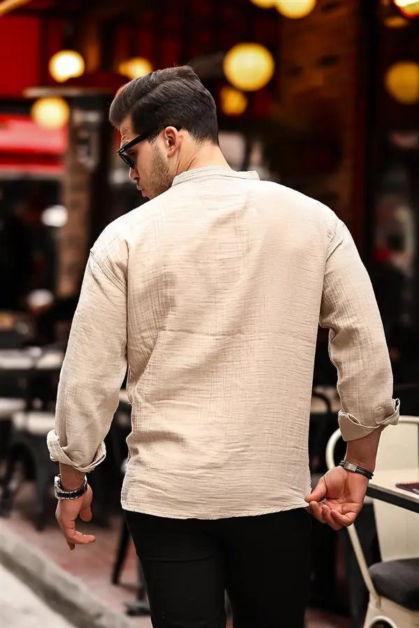 hafif ve nefes alabilir erkek müslin yarim pat hakim yaka oversize gömlek - Justyol