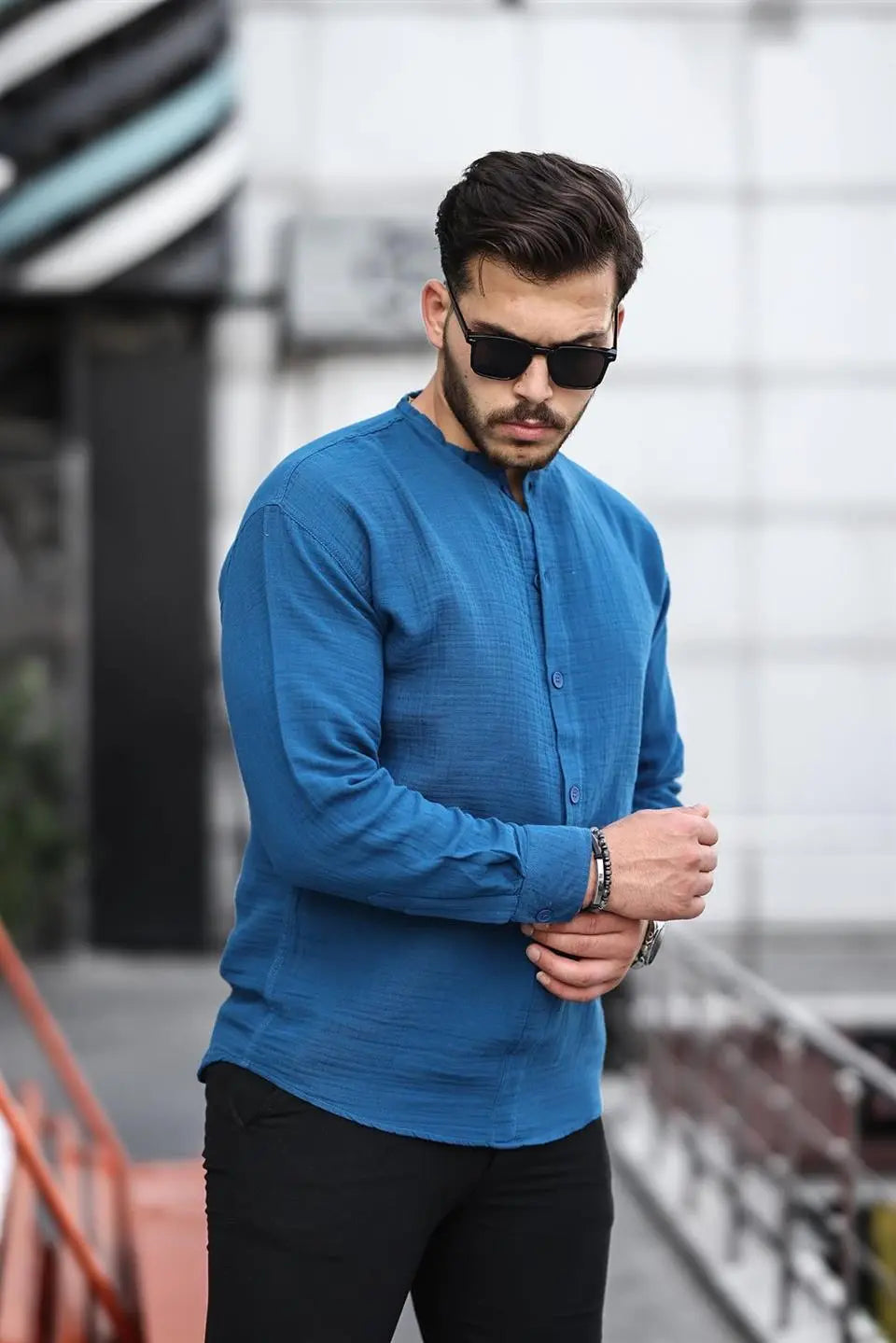 hafif ve nefes alabilir erkek müslin yarim pat hakim yaka oversize gömlek - Justyol
