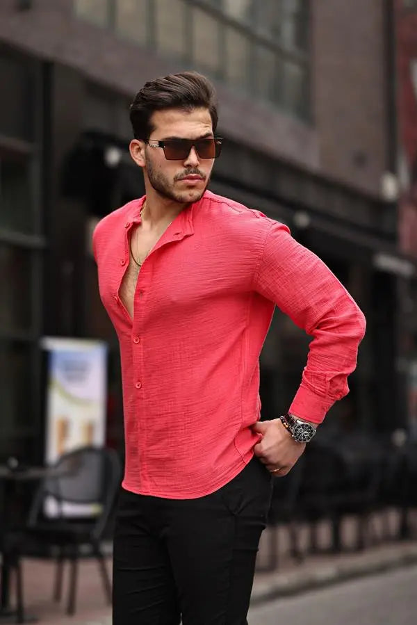 Chemise homme oversize en mousseline col mao demi-patte