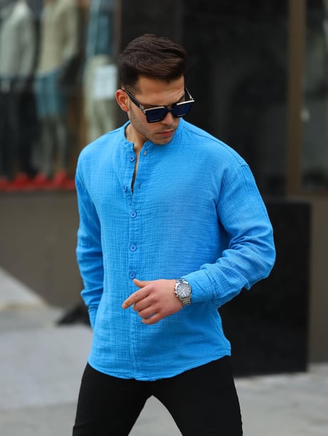 Chemise homme oversize en mousseline col mao demi-patte
