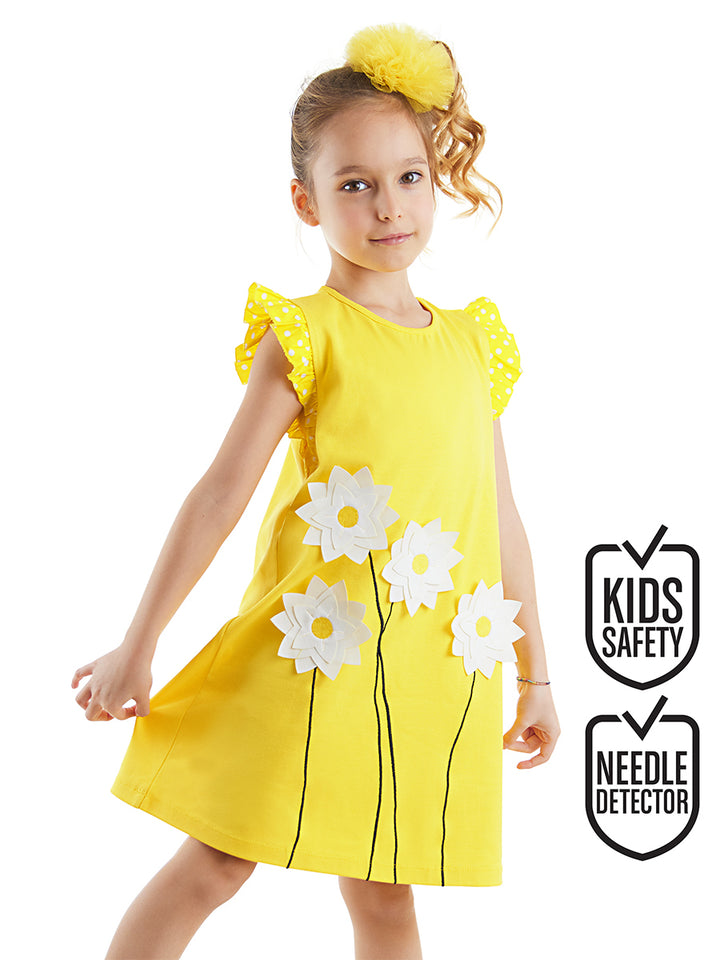 Robe Fille en Coton avec Fleurs Marguerites 3D & Manches Volantées