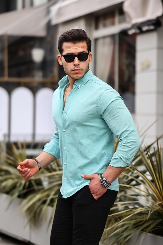 Krinkıl Pamuklu Keten Gömlek - Su Yeşili - Justyol