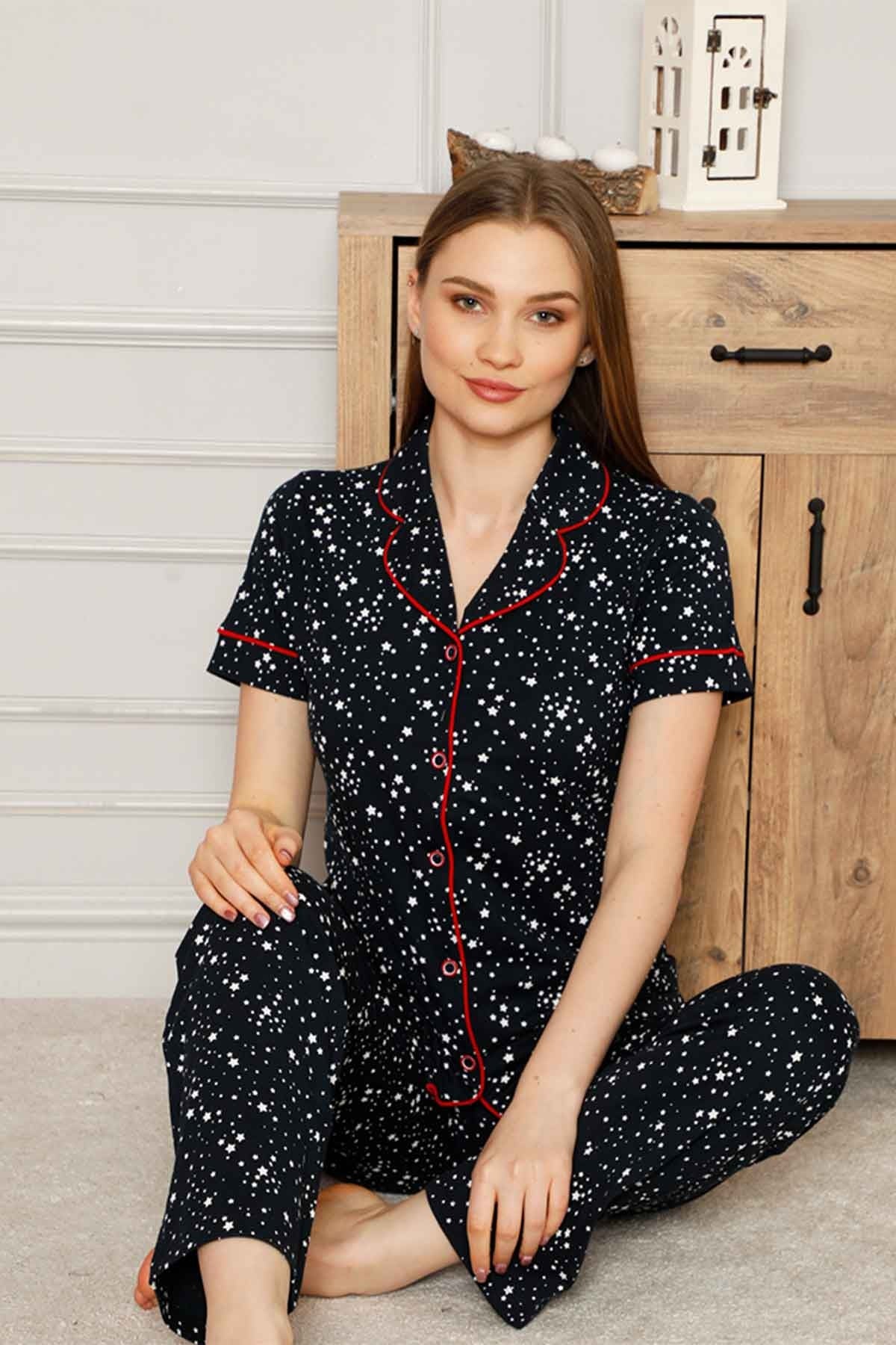 <tc>Ensemble de pyjama en coton avec bords, chemise à manches courtes à motif d'étoiles, Dreamy.</tc>