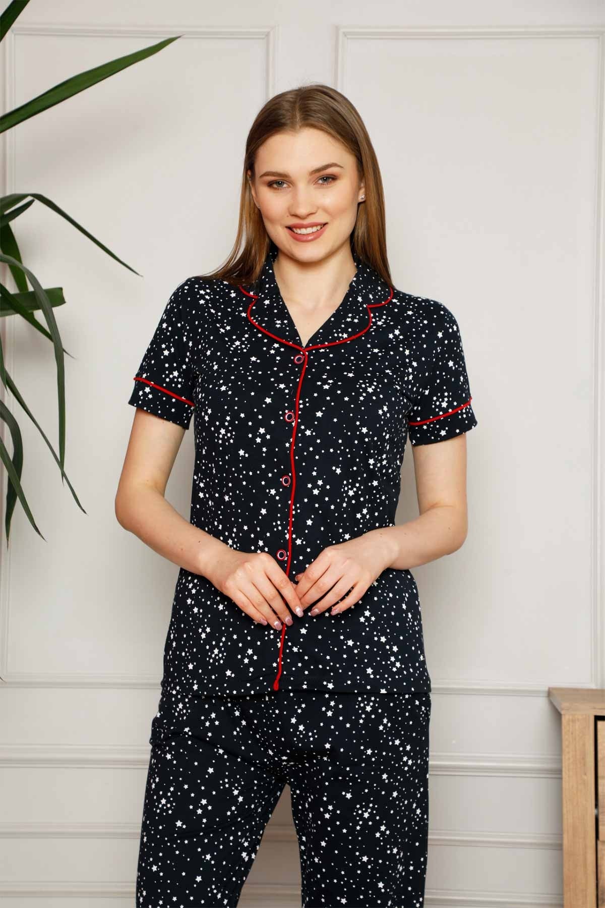 <tc>Ensemble de pyjama en coton avec bords, chemise à manches courtes à motif d'étoiles, Dreamy.</tc>