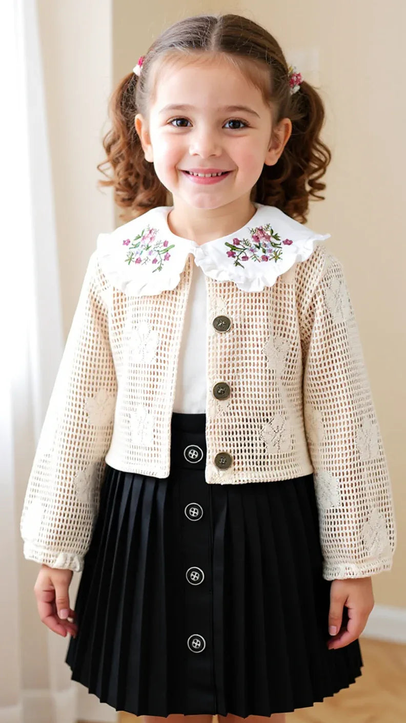 Tenue Élégante 3 Pièces pour Fille - Jupe Chic, Blouse Blanche et Veste Tricotée