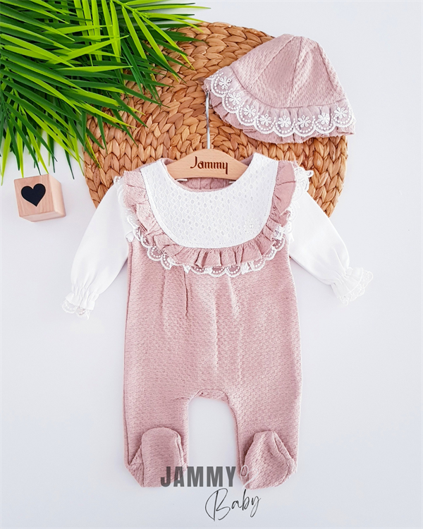 zara patterned laced hat overalls set-milk brown