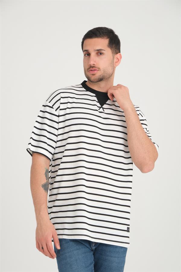 zarf yaka detayli çizgili oversize t - Justyol